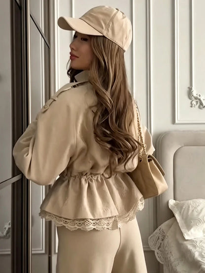 Women Lace Hem Cropped Trench Jacket