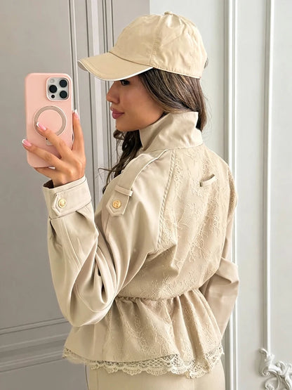 Women Lace Hem Cropped Trench Jacket
