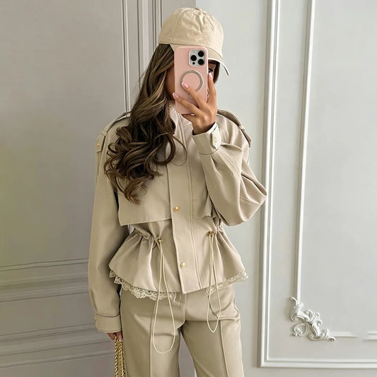 Women Lace Hem Cropped Trench Jacket