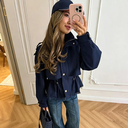 Women Lace Hem Cropped Trench Jacket